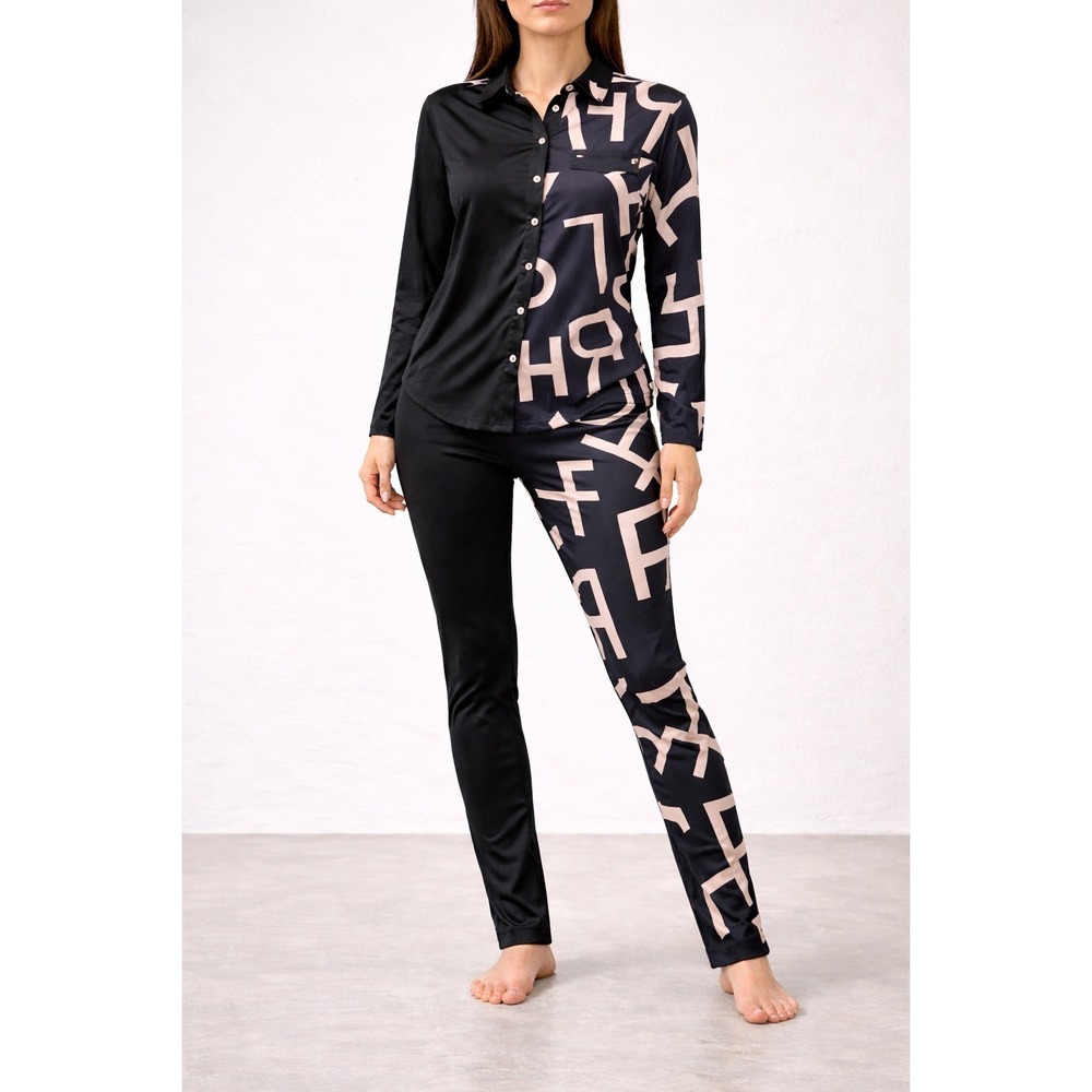 Black Graphic Letter Print 2 Piece Set Button Down Shirt and Leggings Womens M